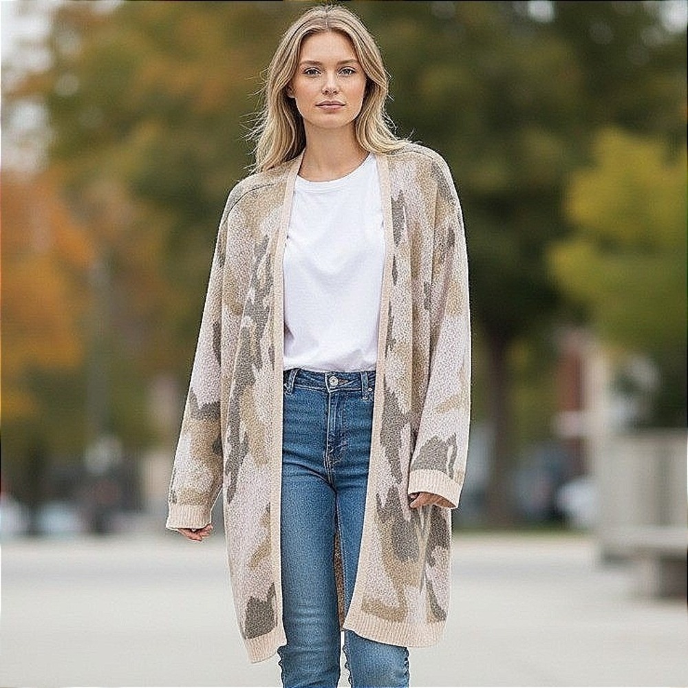 Witty Fox Cardigan Cover-Up Plus Sz 1X Camouflage Pink Khaki Open Preppy Casual